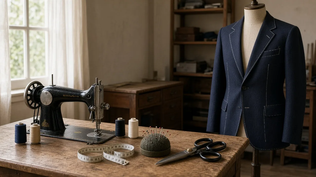 A vintage sewing machine on a wooden table with thread spools, a tape measure, pins and shears beside a navy jacket on a dress form